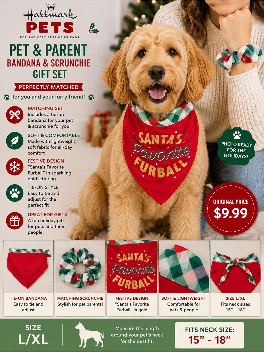 Hallmark Red & Green Plaid Pet & Parent Bandana and Scrunchie Set
